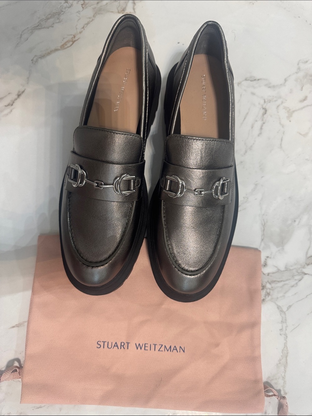 Stuart Weitzman Metallic Pewter Leather Ultra high lug Loafers